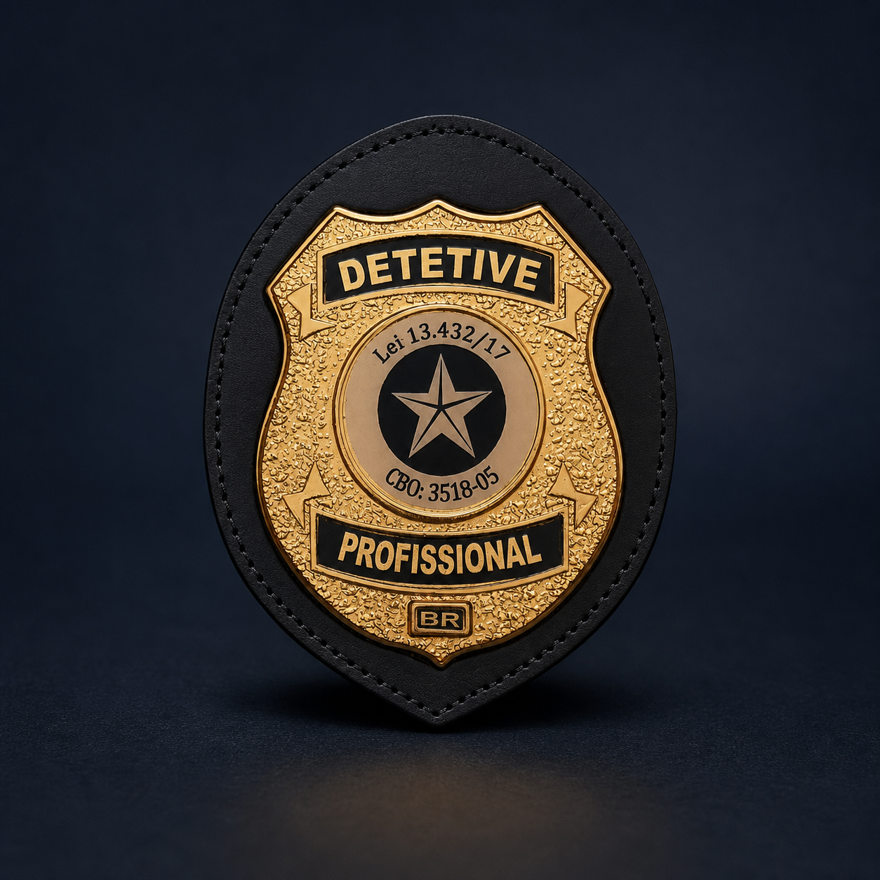 Imagem gerada de uma carteira preta com distintivo dourado de detetive profissional