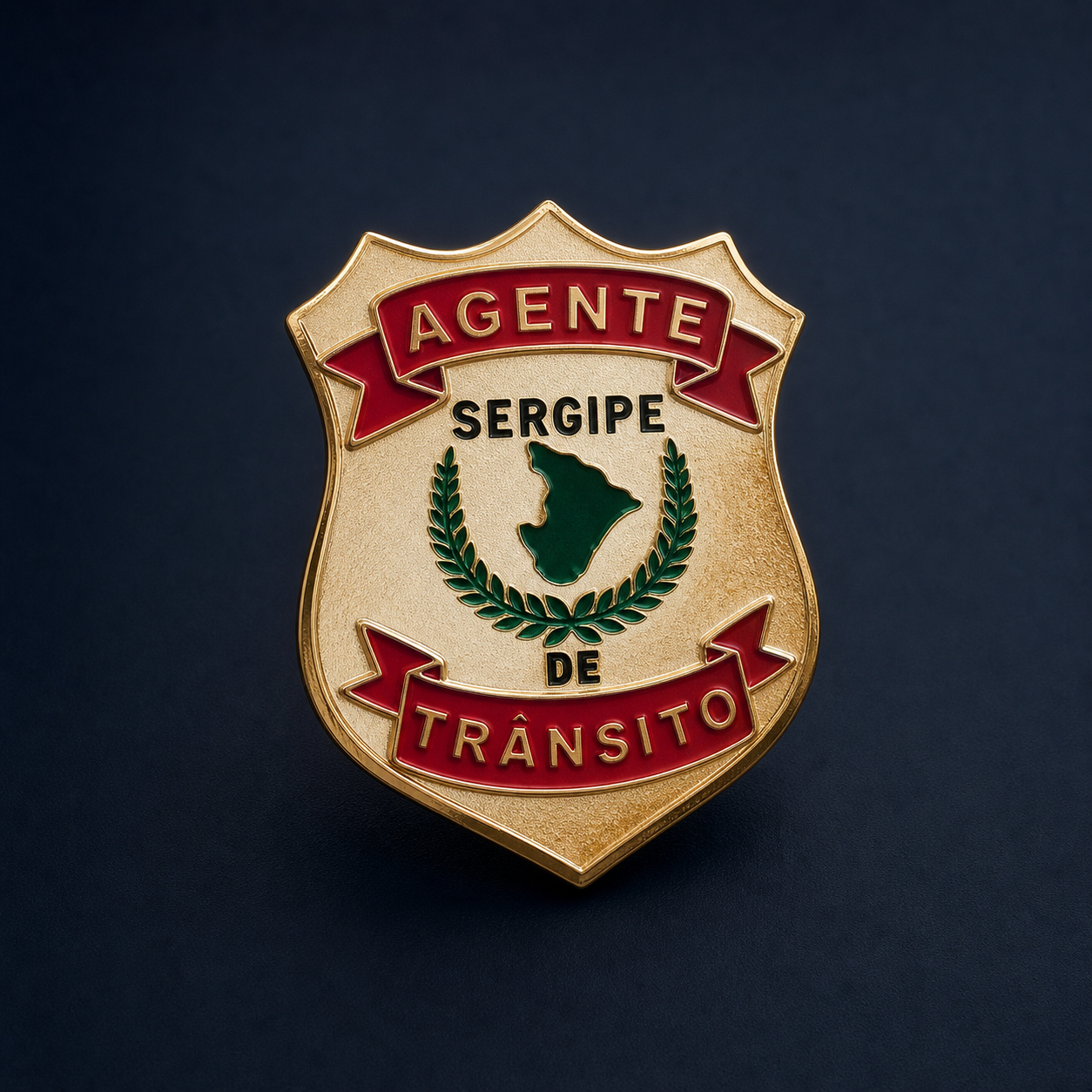 Imagem gerada de um distintivo personalizado dourado com detalhes vermelhos, verdes e a inscrição Agente de Trânsito Sergipe
