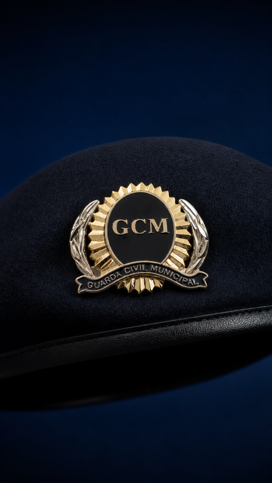 Imagem gerada de um distintivo de boina GCM em metal dourado e prateado aplicado em uma boina preta